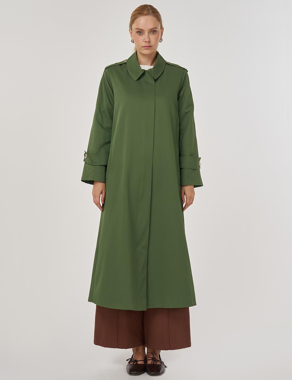 Şömizye Yaka Uzun Trençkot Orman Yeşili