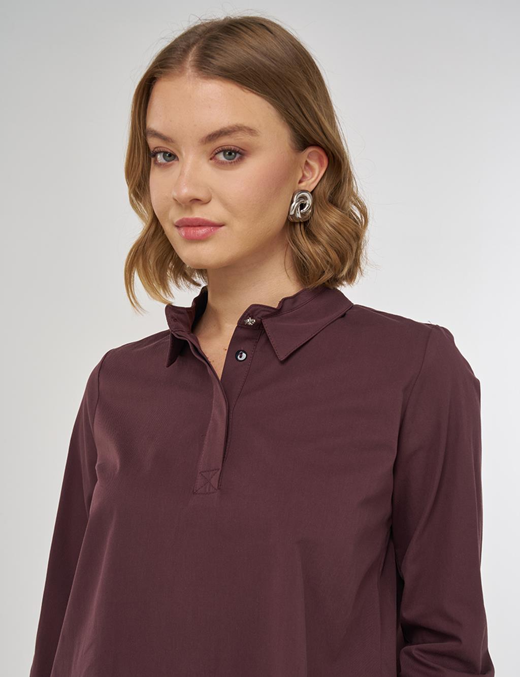 %100 Pamuklu Yaka Detaylı Bluz Koyu Bordo 