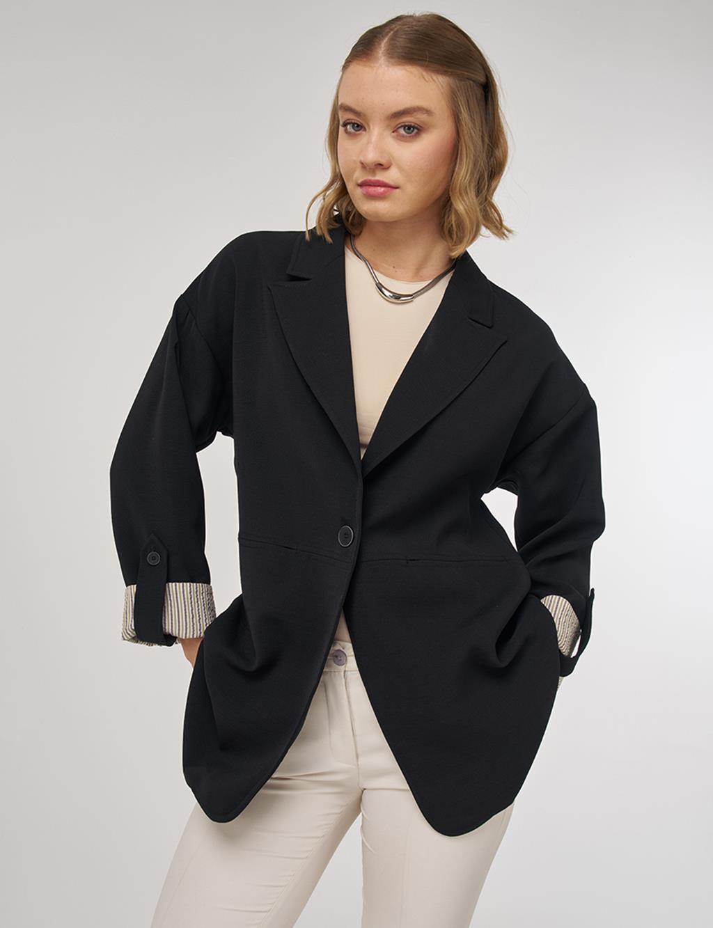 Bilekleri Katlanabilir Blazer Ceket Siyah 