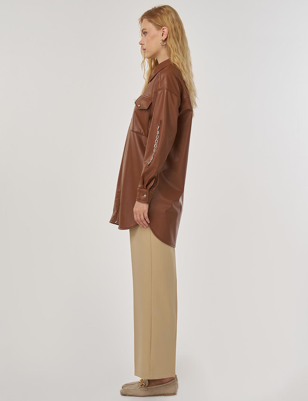 Zincir Detaylı Suni Deri Tunik Taba 