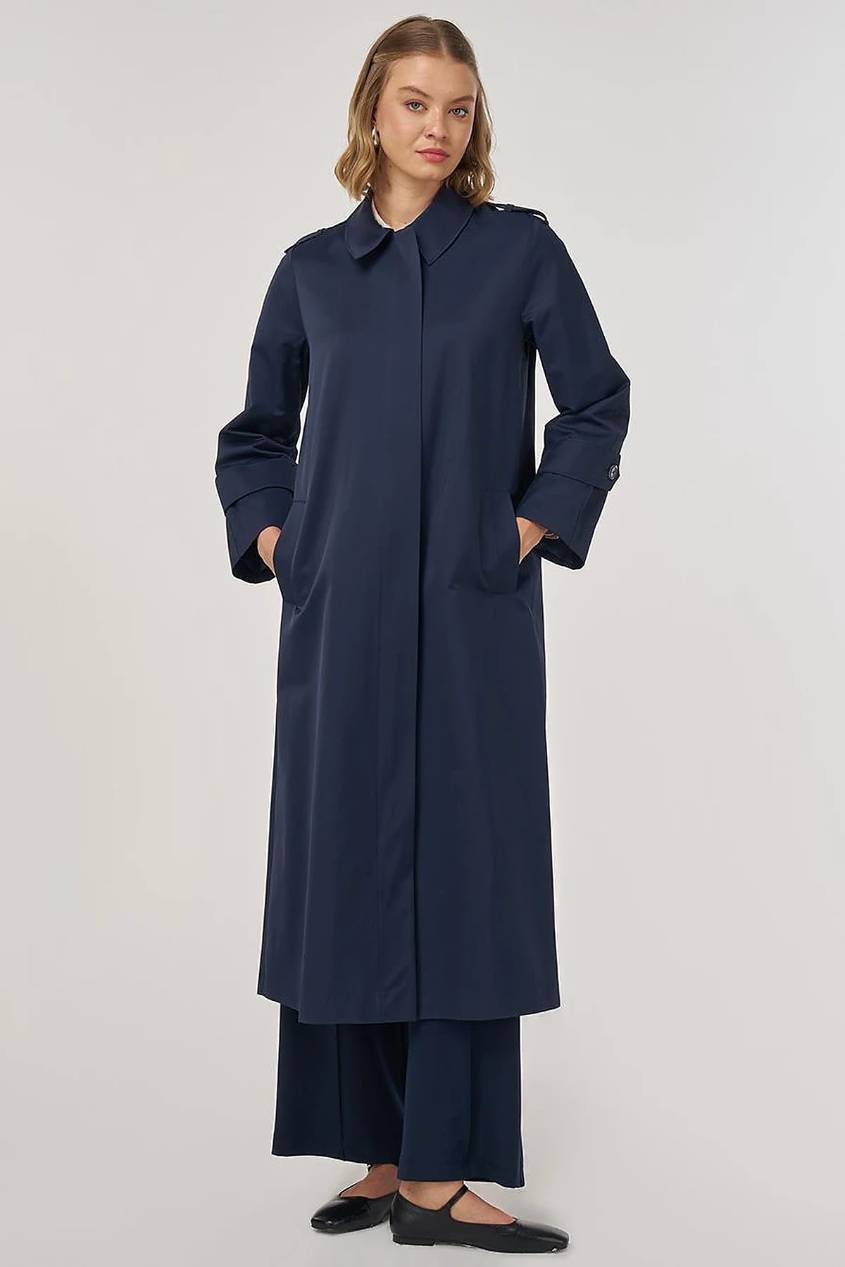 Shirt Placket Collar Long Trench Coat Dark Navy Blue