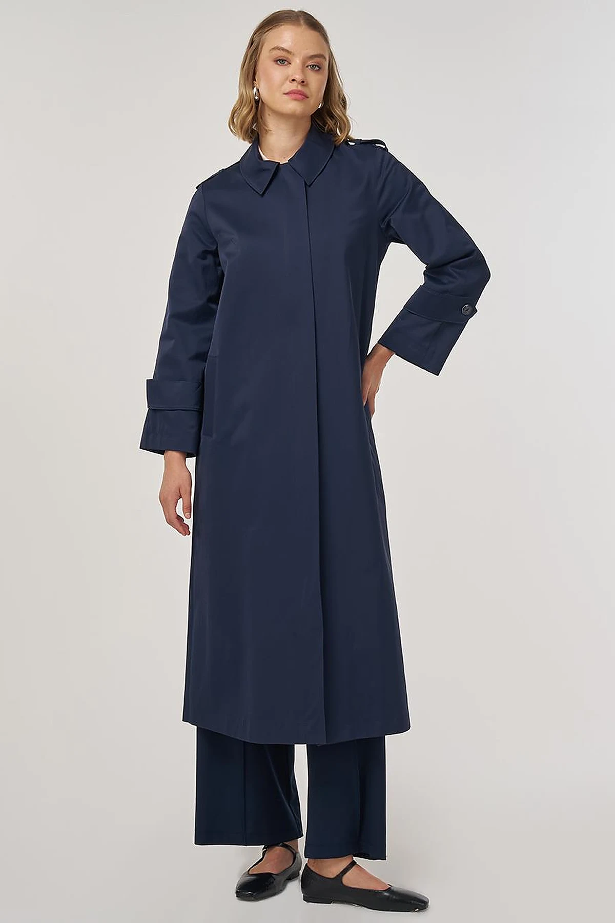 Shirt Placket Collar Long Trench Coat Dark Navy Blue