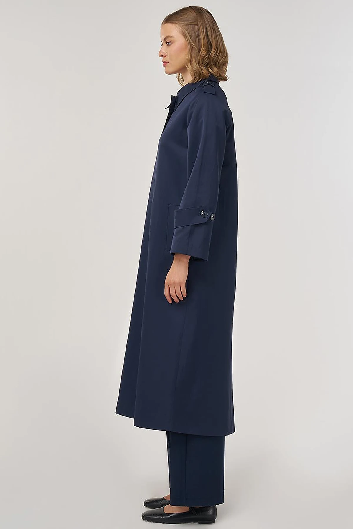 Shirt Placket Collar Long Trench Coat Dark Navy Blue