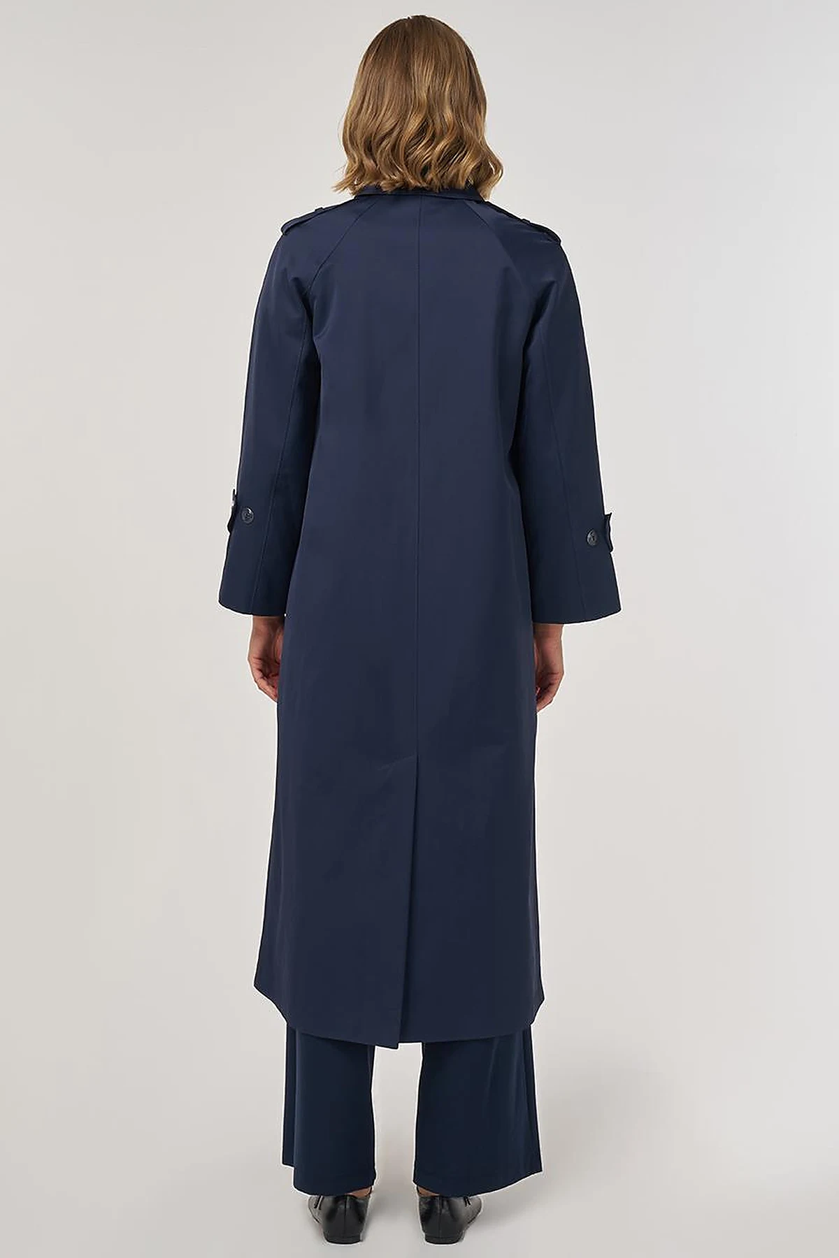 Shirt Placket Collar Long Trench Coat Dark Navy Blue
