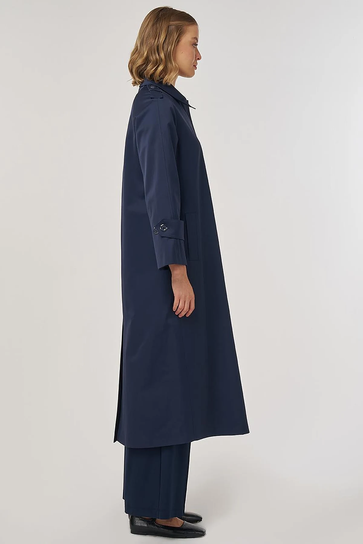 Shirt Placket Collar Long Trench Coat Dark Navy Blue