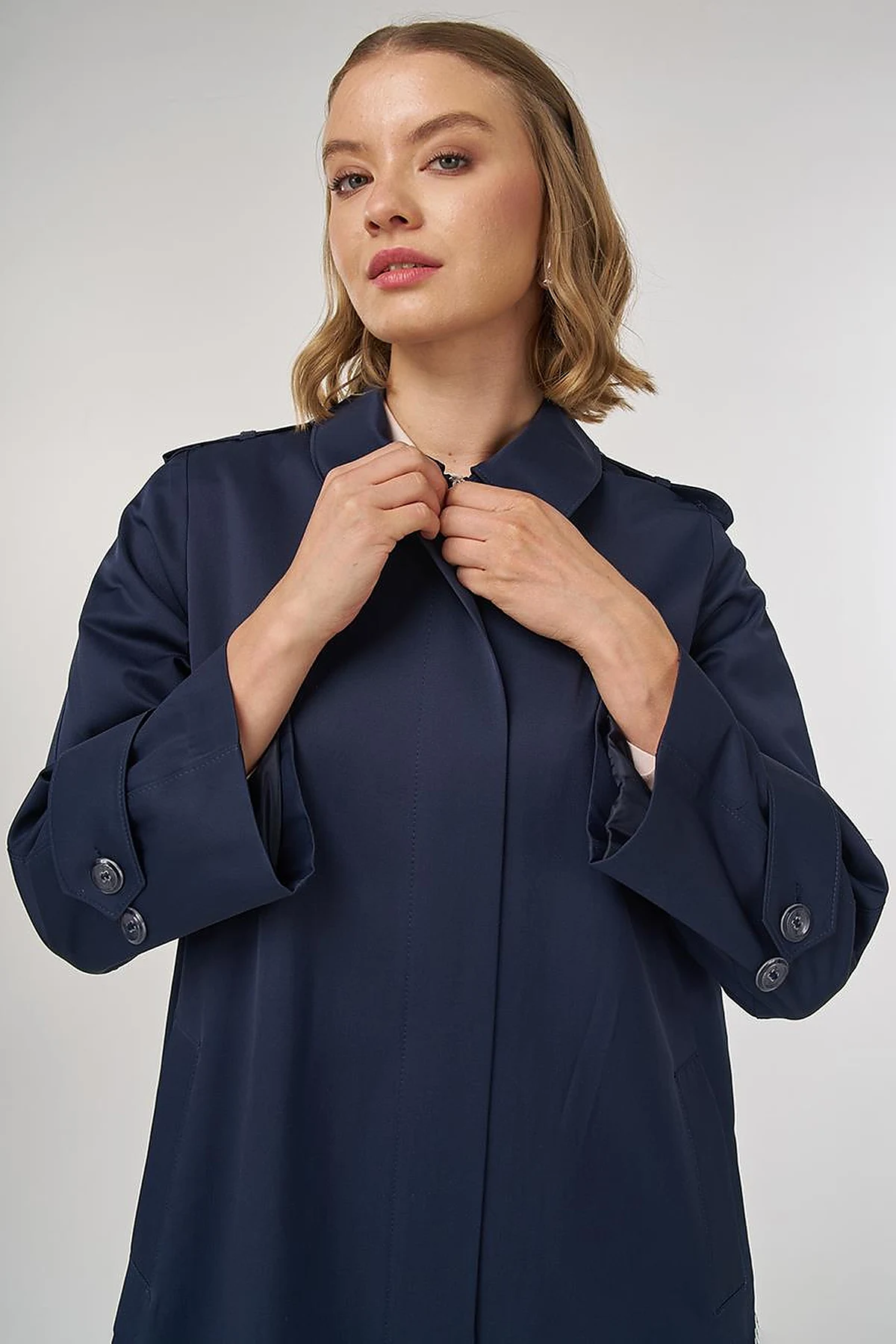 Shirt Placket Collar Long Trench Coat Dark Navy Blue
