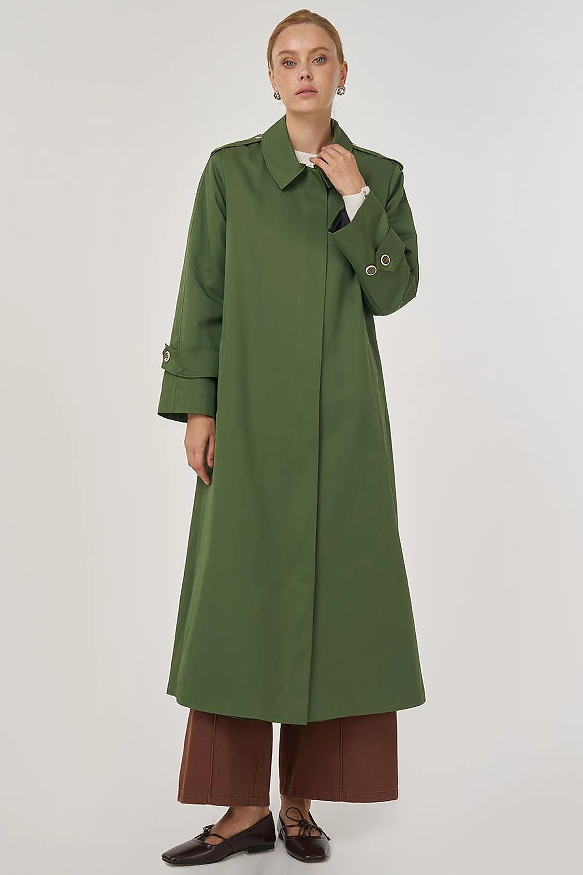 Shirt Placket Collar Long Trench Coat Forest Green