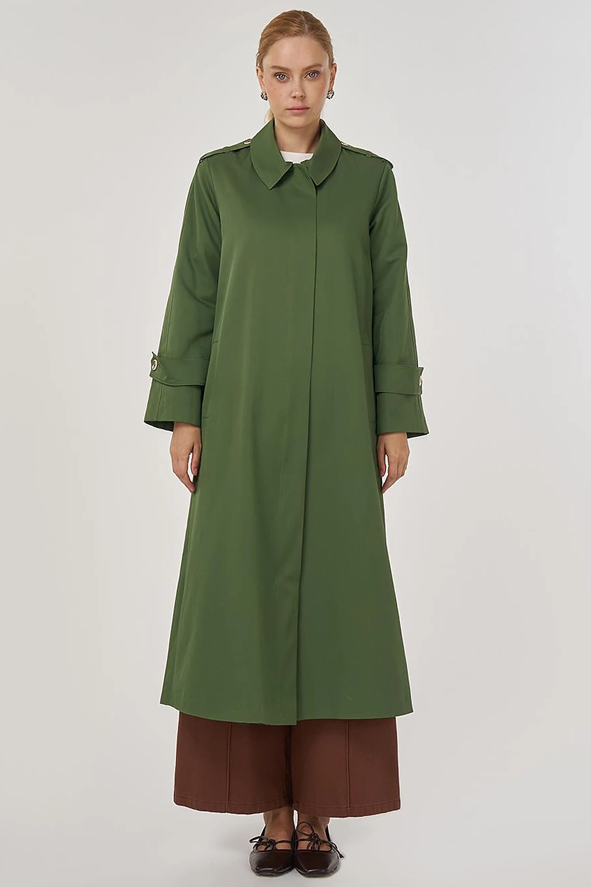Shirt Placket Collar Long Trench Coat Forest Green