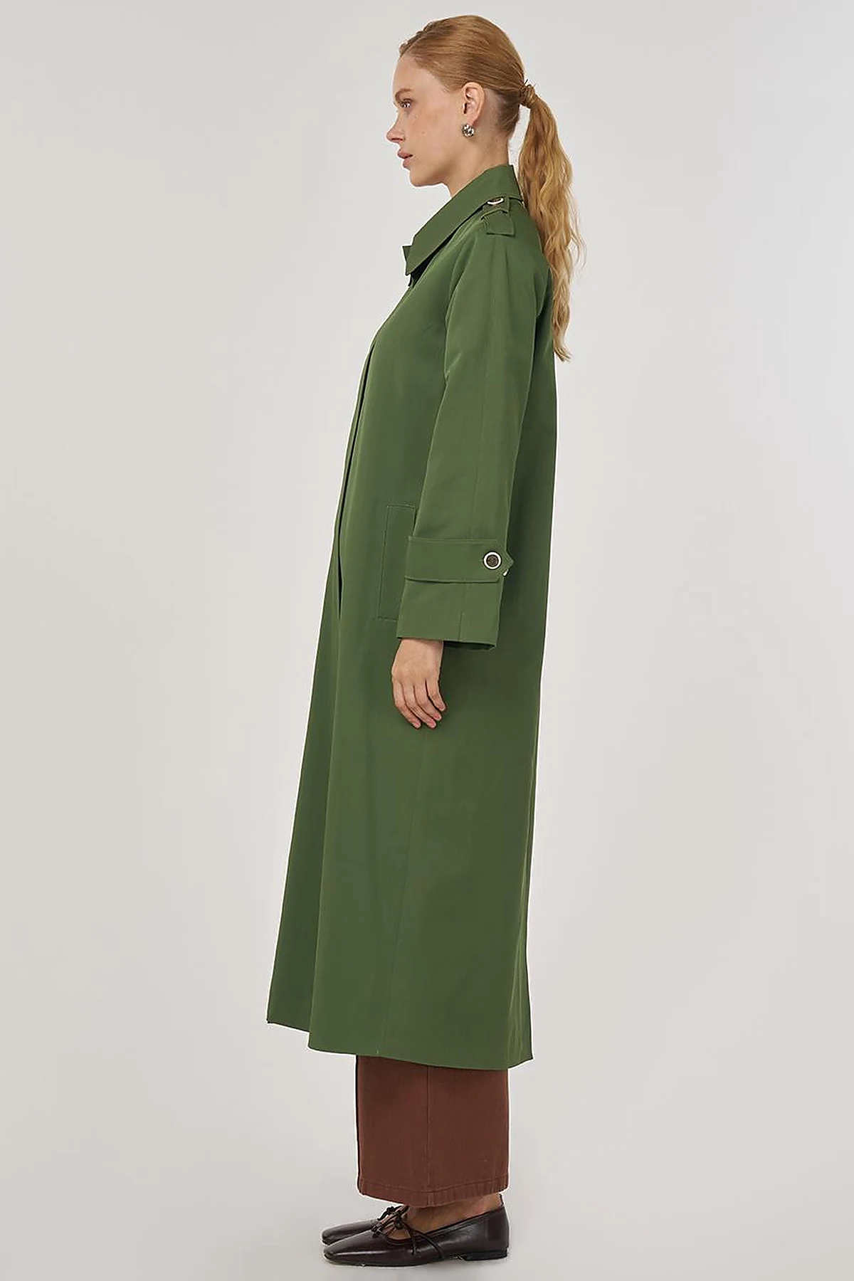 Shirt Placket Collar Long Trench Coat Forest Green