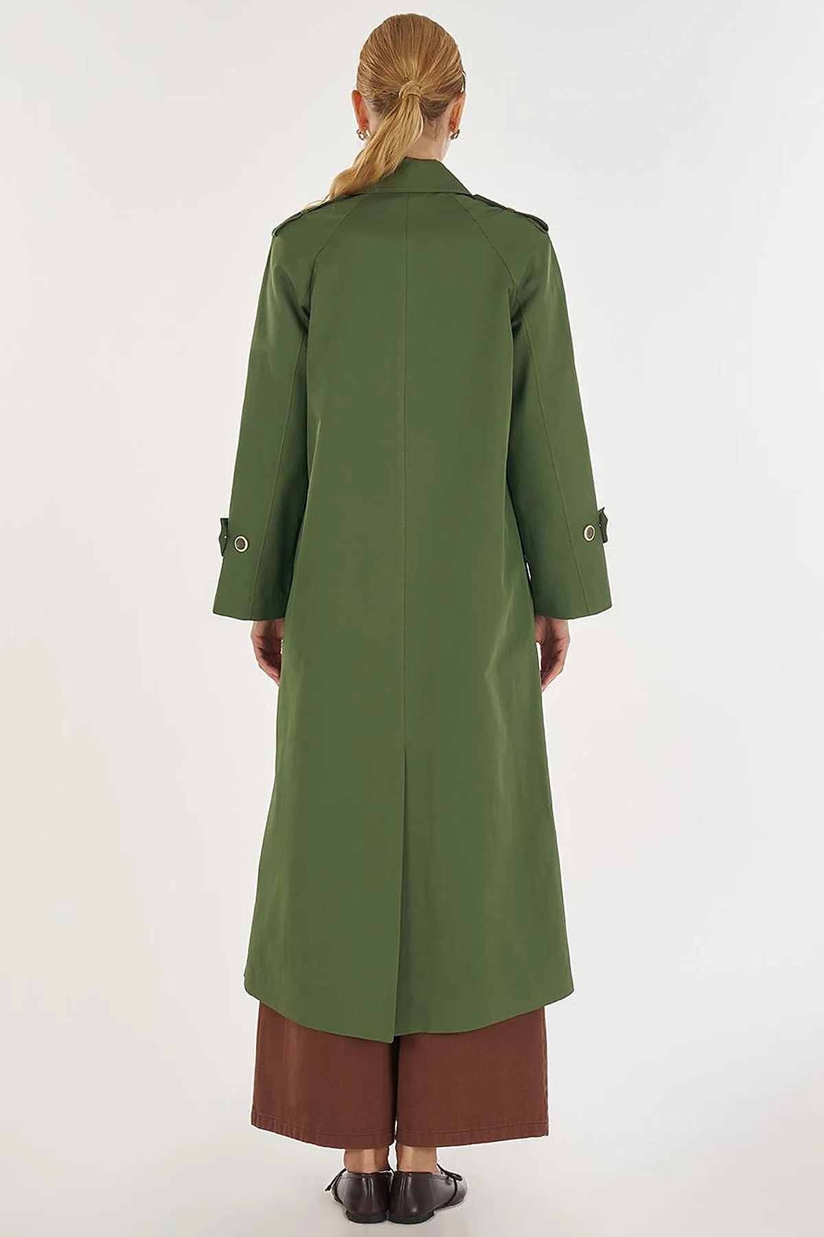 Shirt Placket Collar Long Trench Coat Forest Green