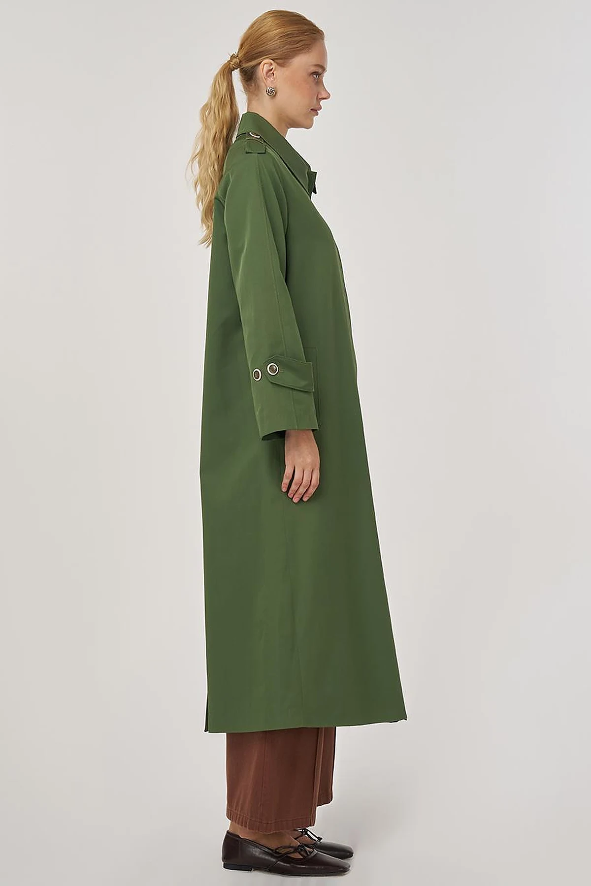 Shirt Placket Collar Long Trench Coat Forest Green