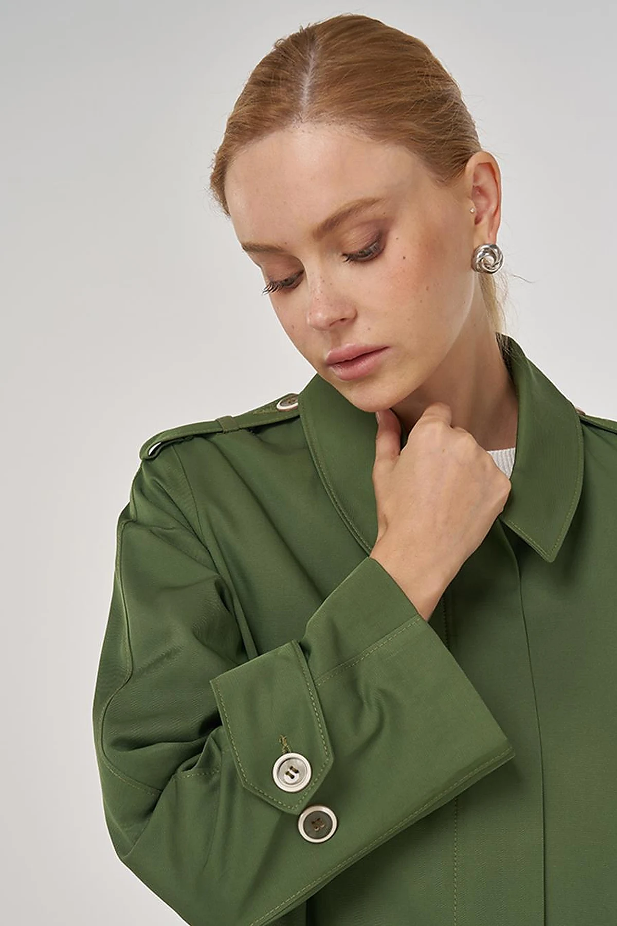 Shirt Placket Collar Long Trench Coat Forest Green