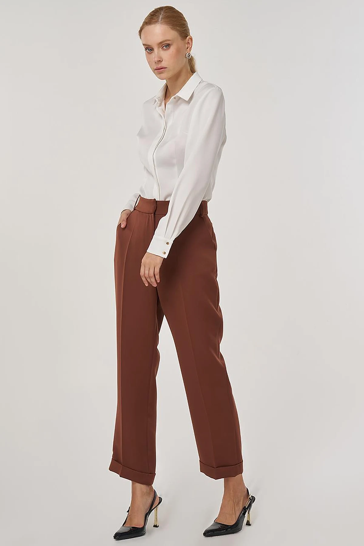 Pressed-crease Fabric Trousers Coffee