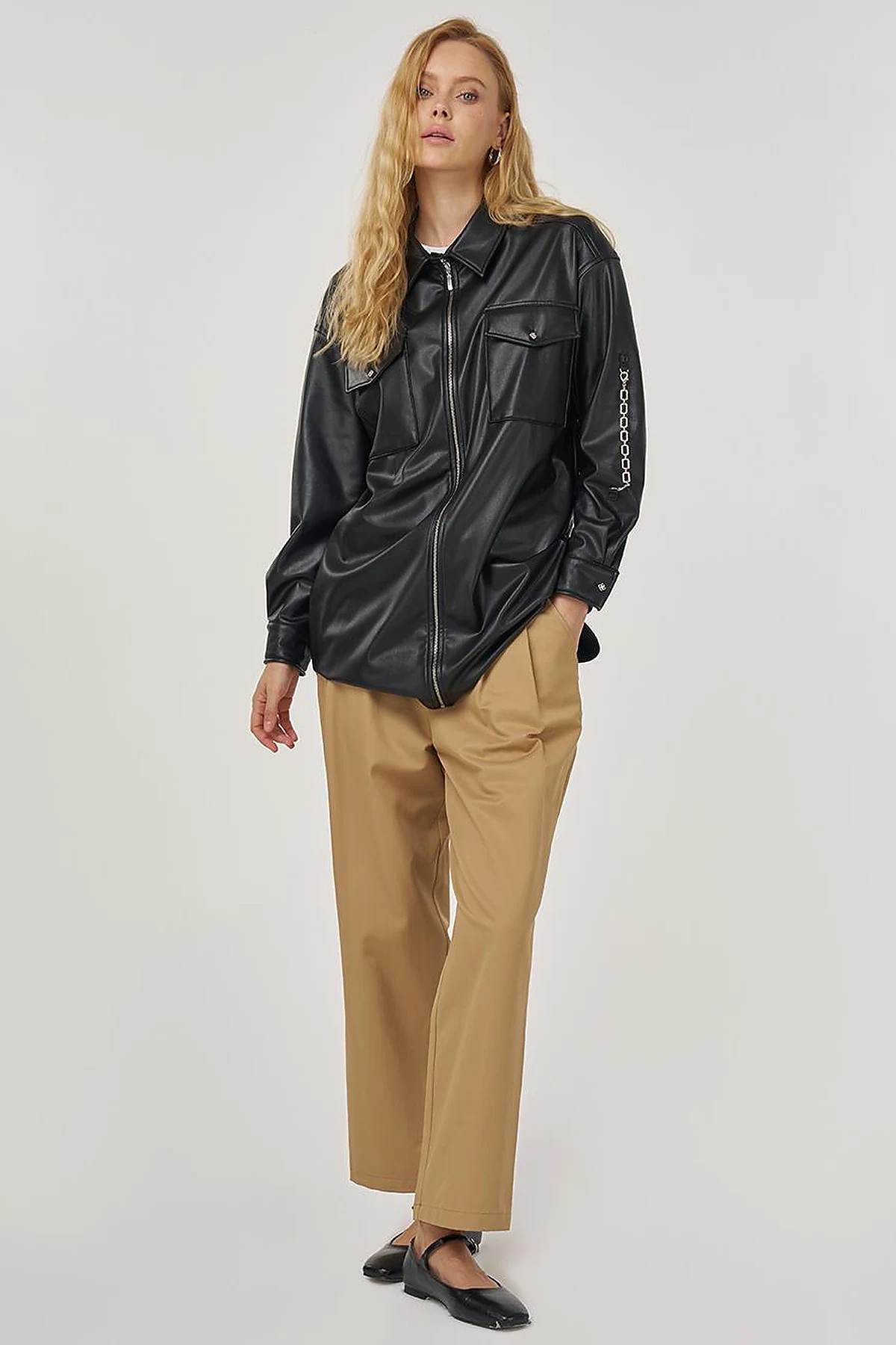 Chain Detail Faux Leather Tunic in Black