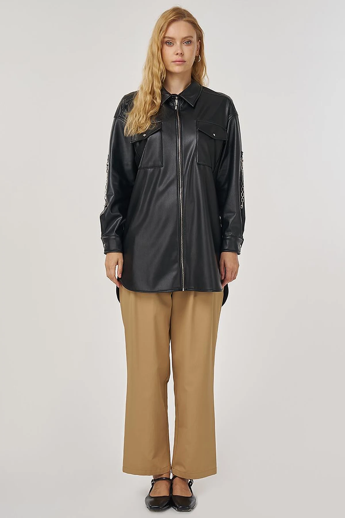 Chain Detail Faux Leather Tunic in Black
