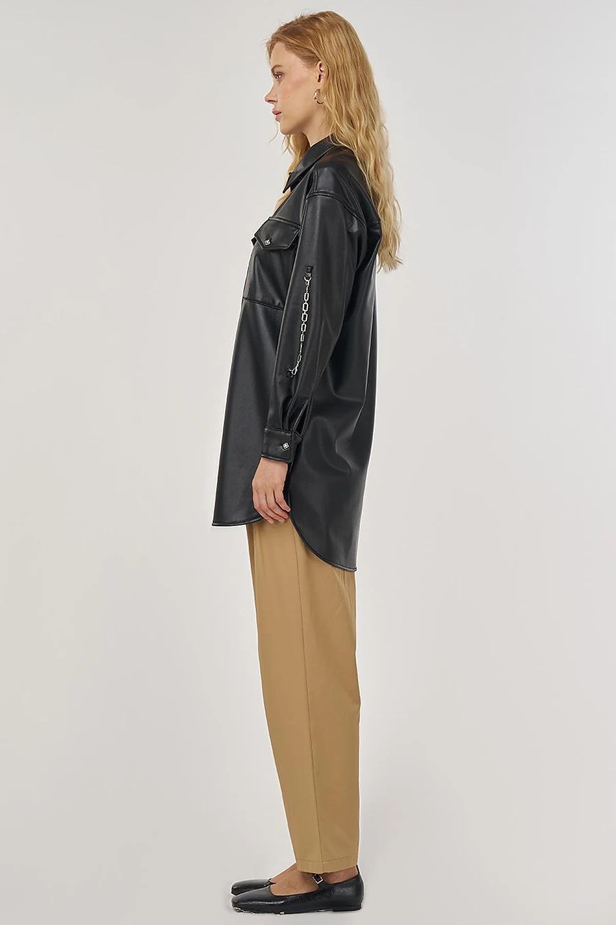 Chain Detail Faux Leather Tunic in Black