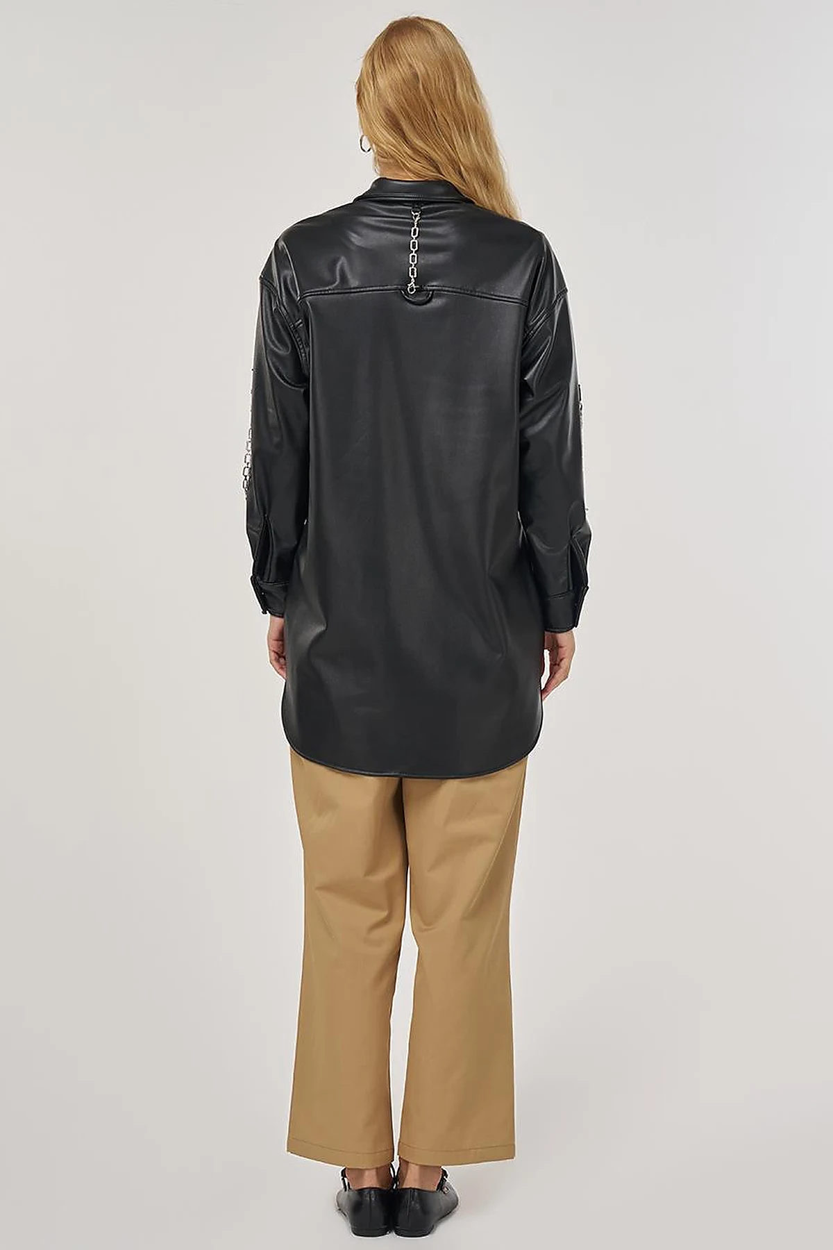 Chain Detail Faux Leather Tunic in Black