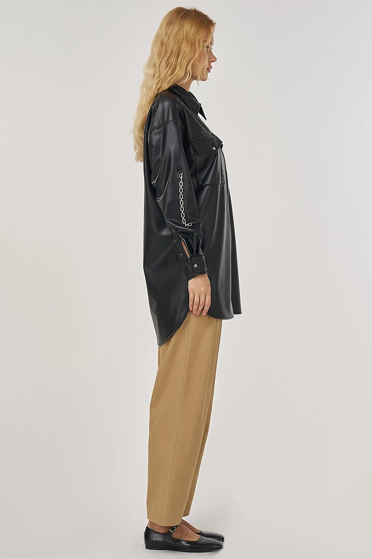 Chain Detail Faux Leather Tunic in Black