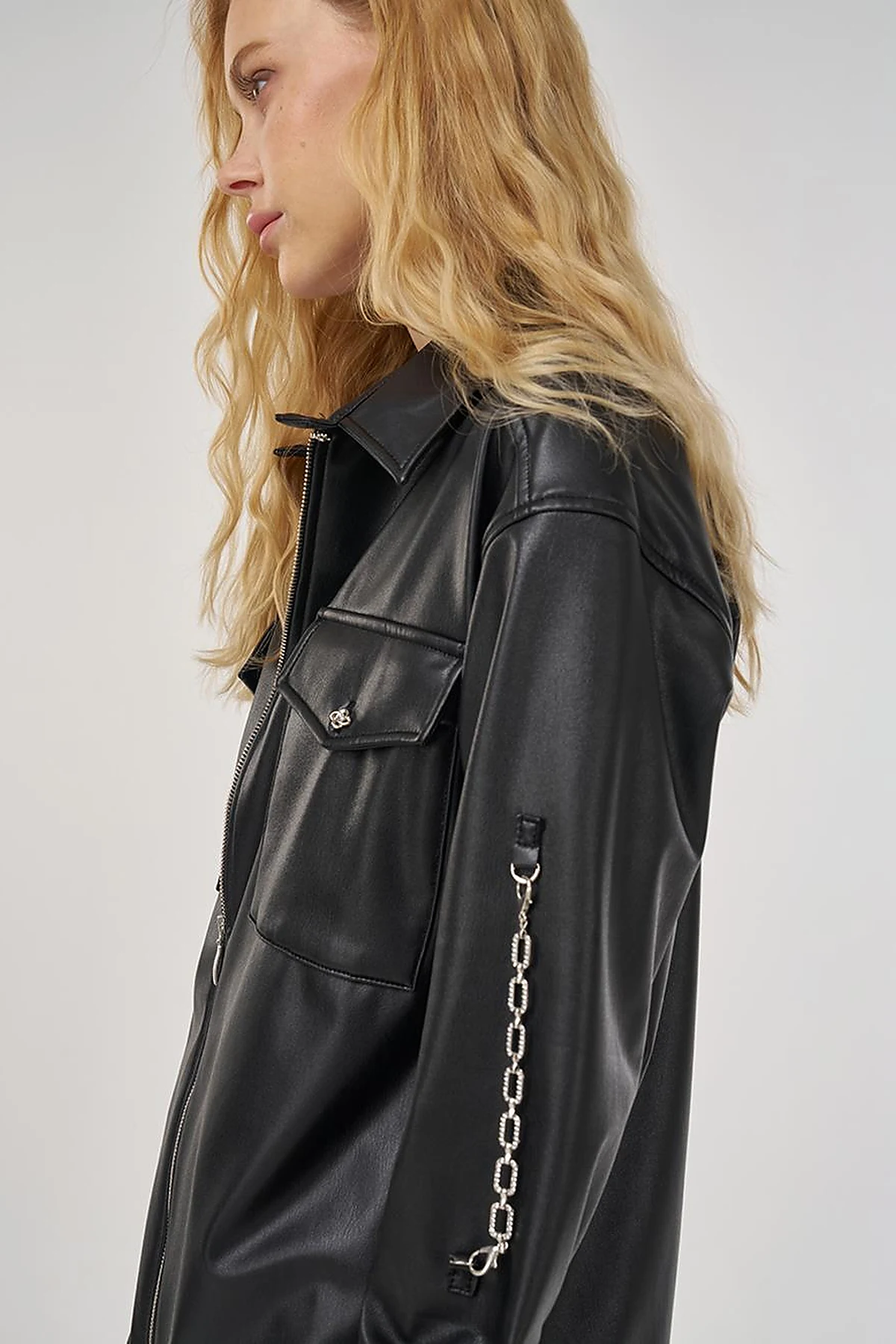 Chain Detail Faux Leather Tunic in Black