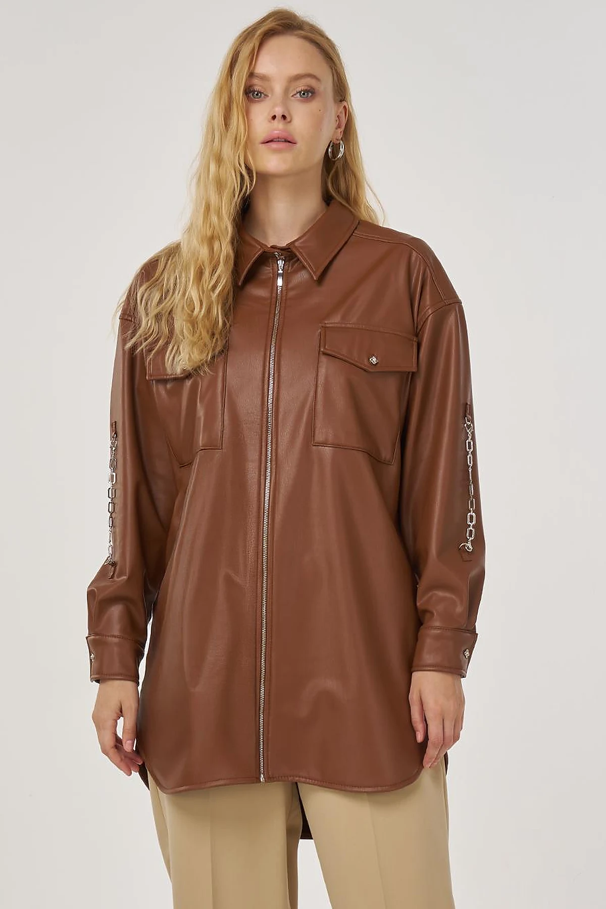 Chain Detail Faux Leather Tunic in Tan