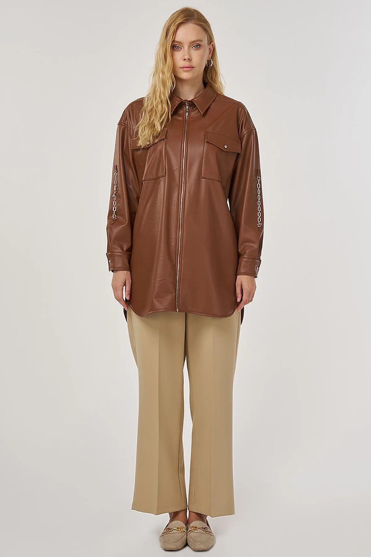 Chain Detail Faux Leather Tunic in Tan