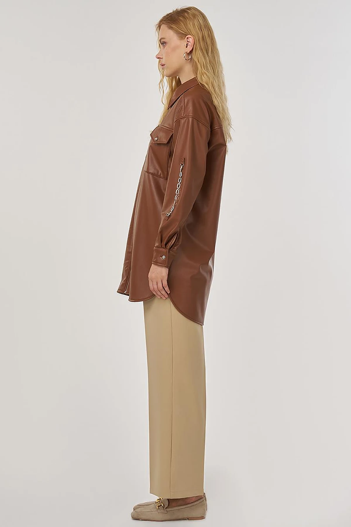 Chain Detail Faux Leather Tunic in Tan
