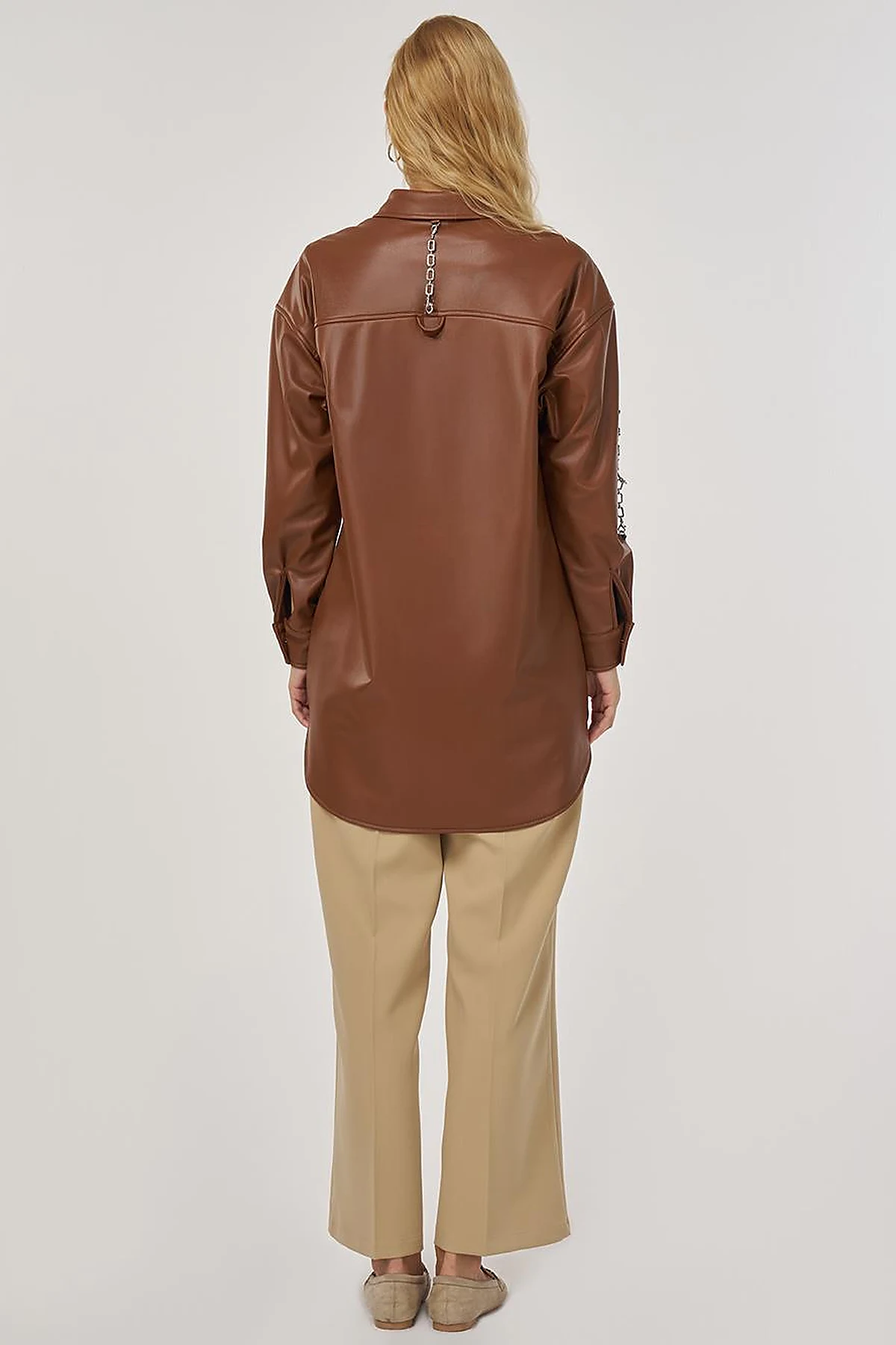 Chain Detail Faux Leather Tunic in Tan