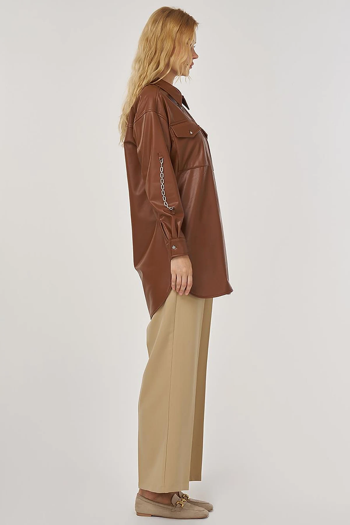 Chain Detail Faux Leather Tunic in Tan