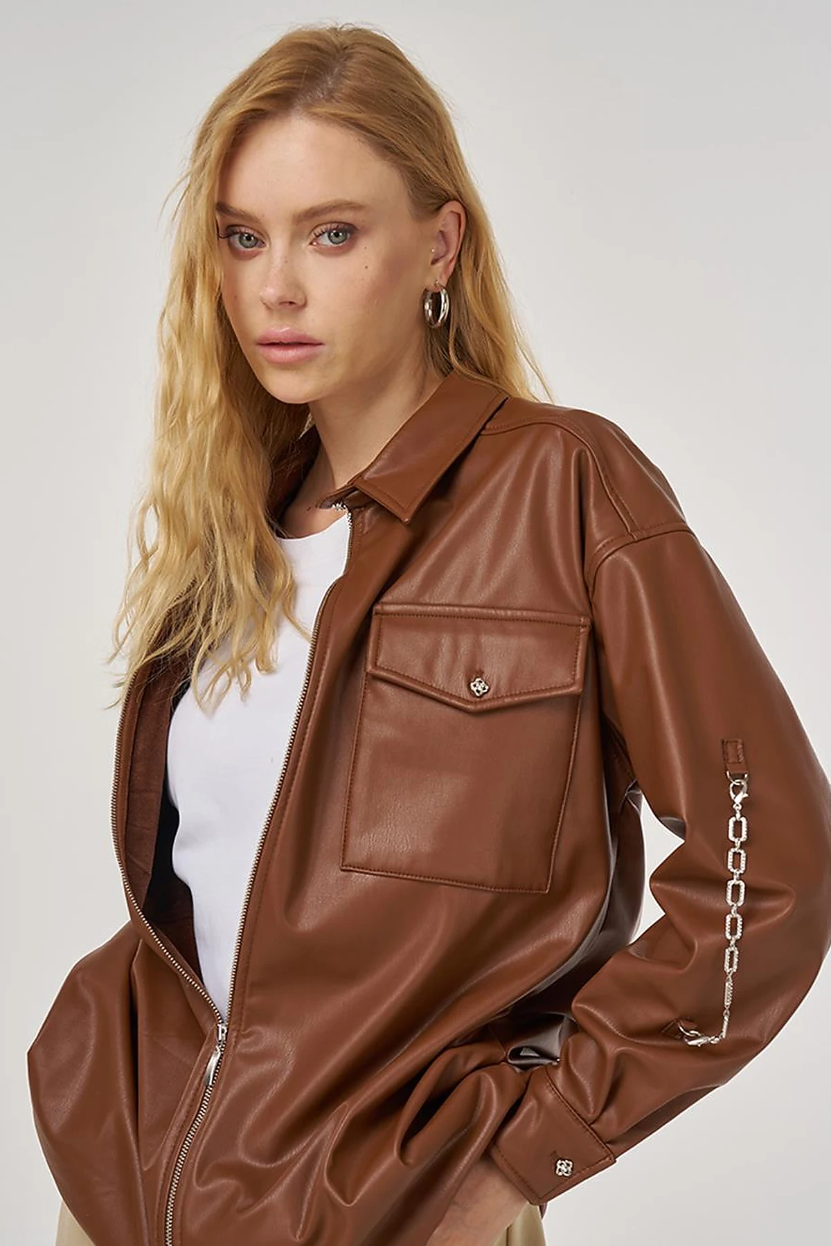 Chain Detail Faux Leather Tunic in Tan