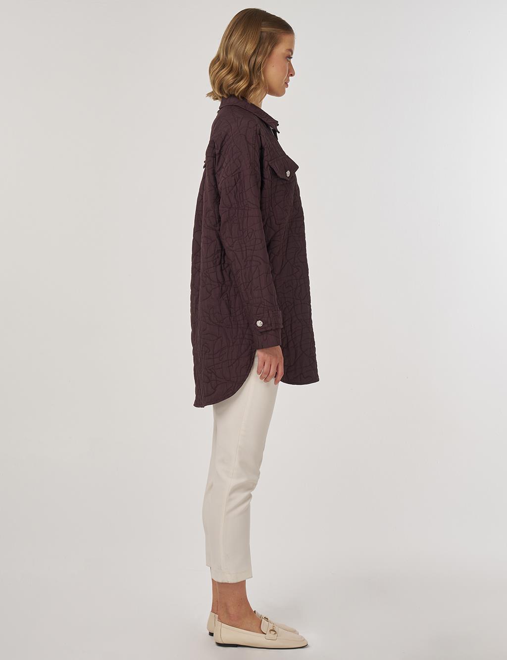 Kabartma Desen Gömlek Yaka Ceket Koyu Bordo