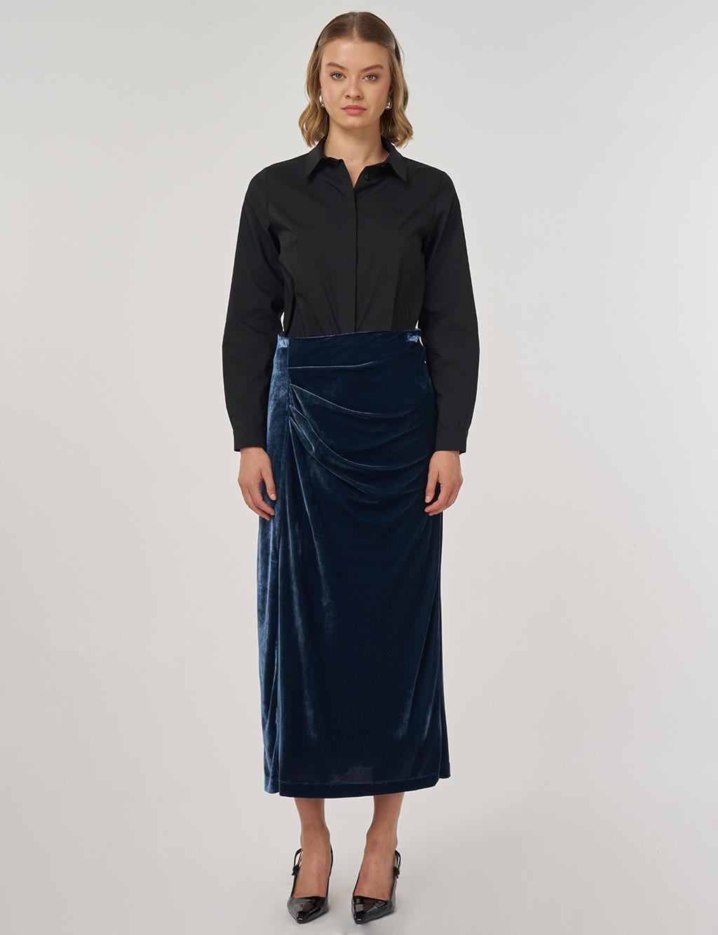 Drapeli Kadife Etek Petrol