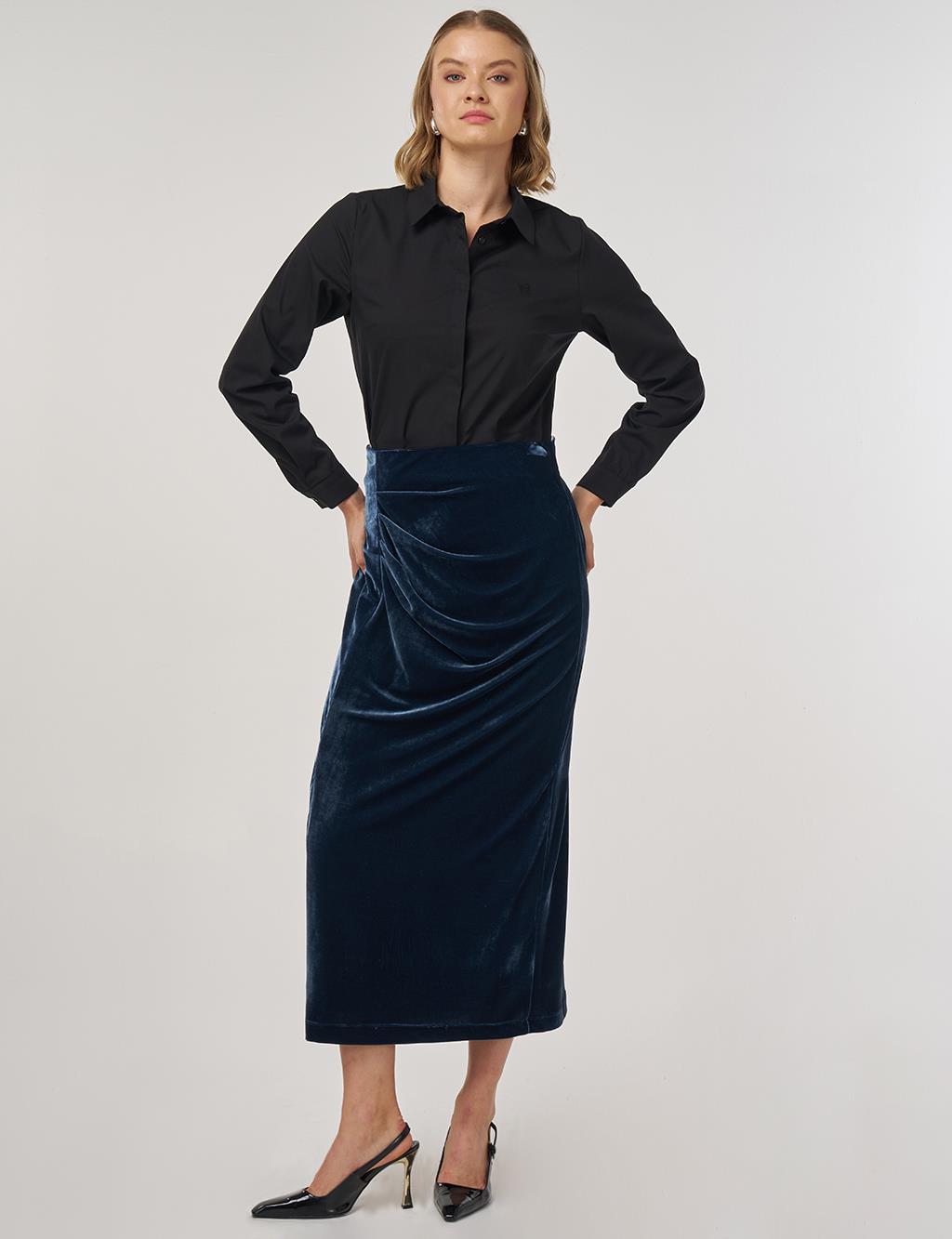 Drapeli Kadife Etek Petrol