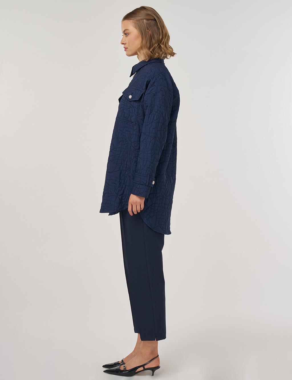 Kabartma Desen Gömlek Yaka Ceket Koyu Lacivert 