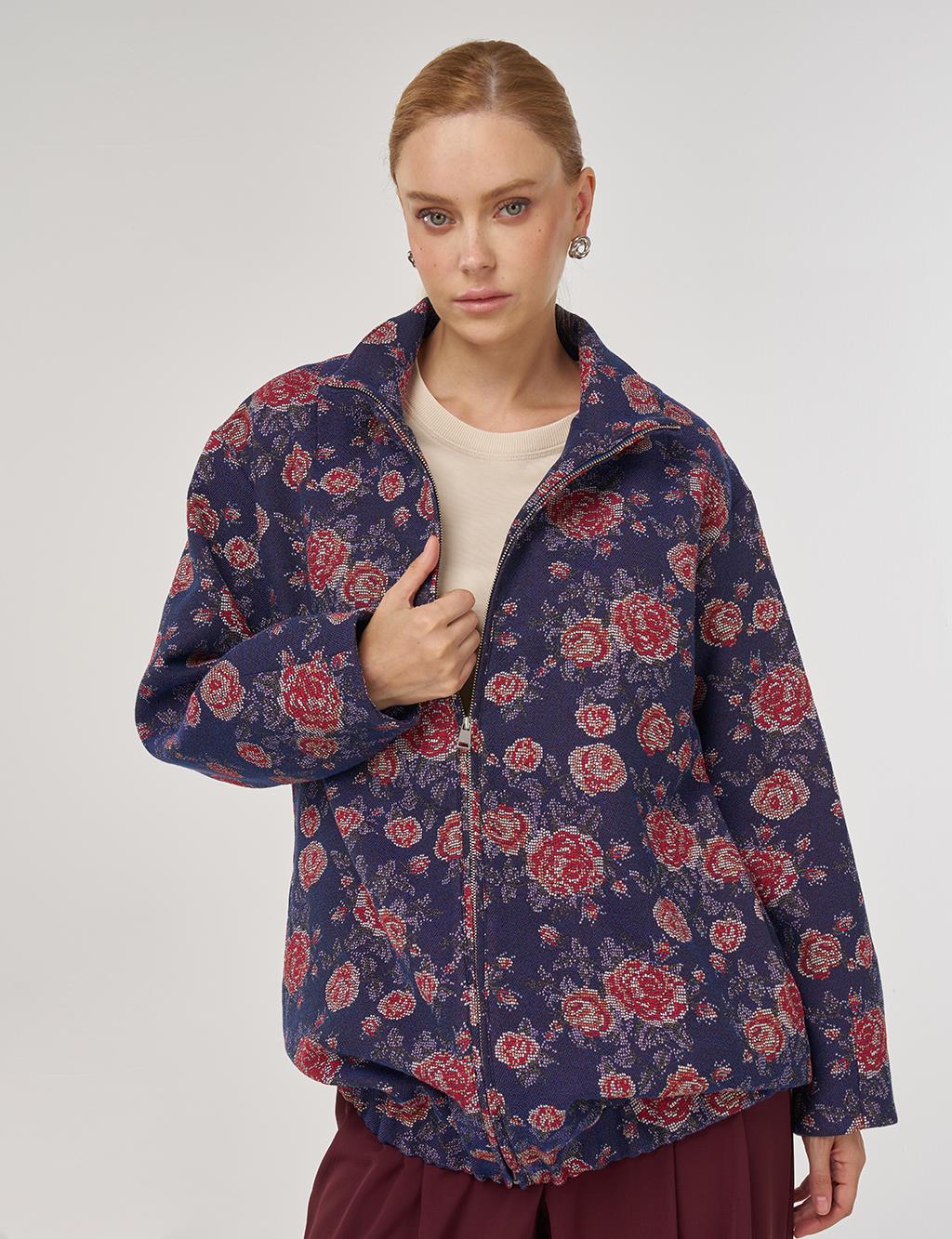 Desenli Dik Yaka Ceket Lacivert 