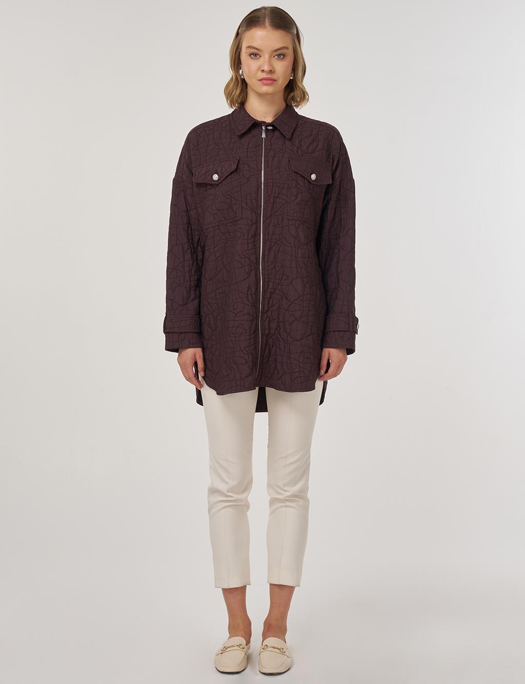 Kabartma Desen Gömlek Yaka Ceket Koyu Bordo