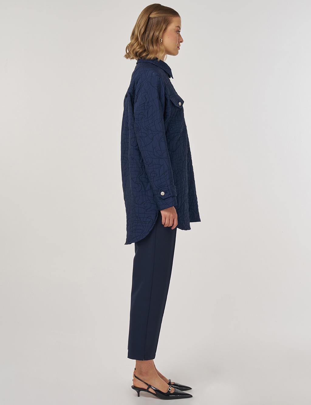 Kabartma Desen Gömlek Yaka Ceket Koyu Lacivert 