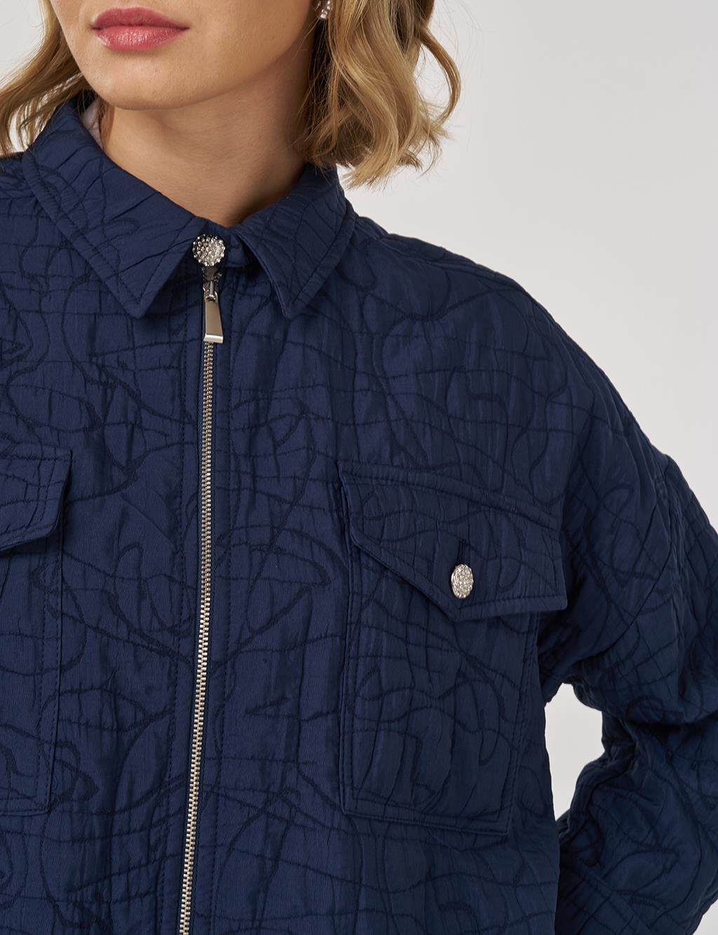 Kabartma Desen Gömlek Yaka Ceket Koyu Lacivert 