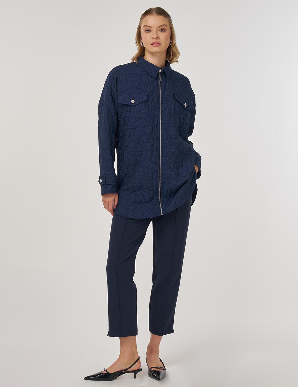 Kabartma Desen Gömlek Yaka Ceket Koyu Lacivert 