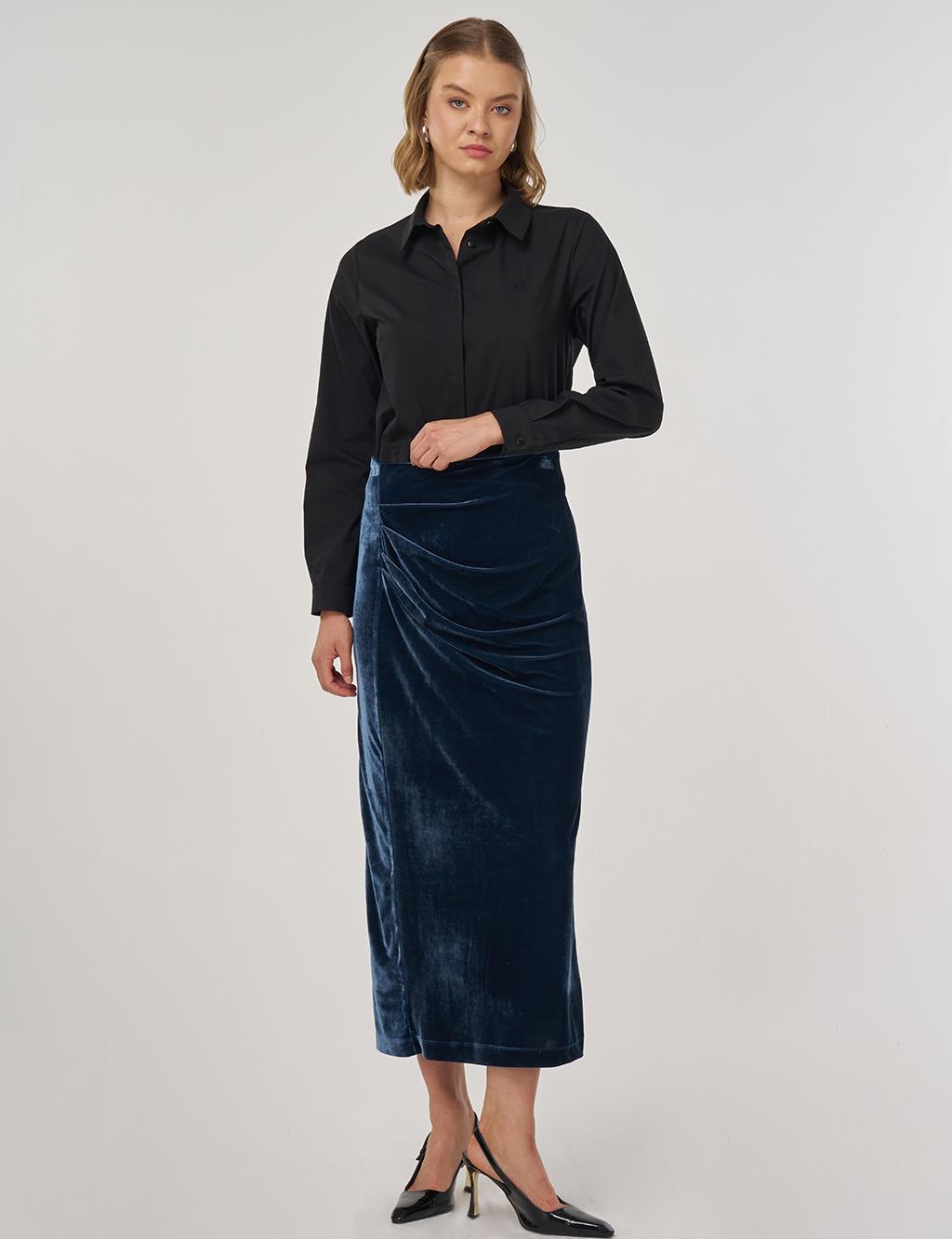 Drapeli Kadife Etek Petrol