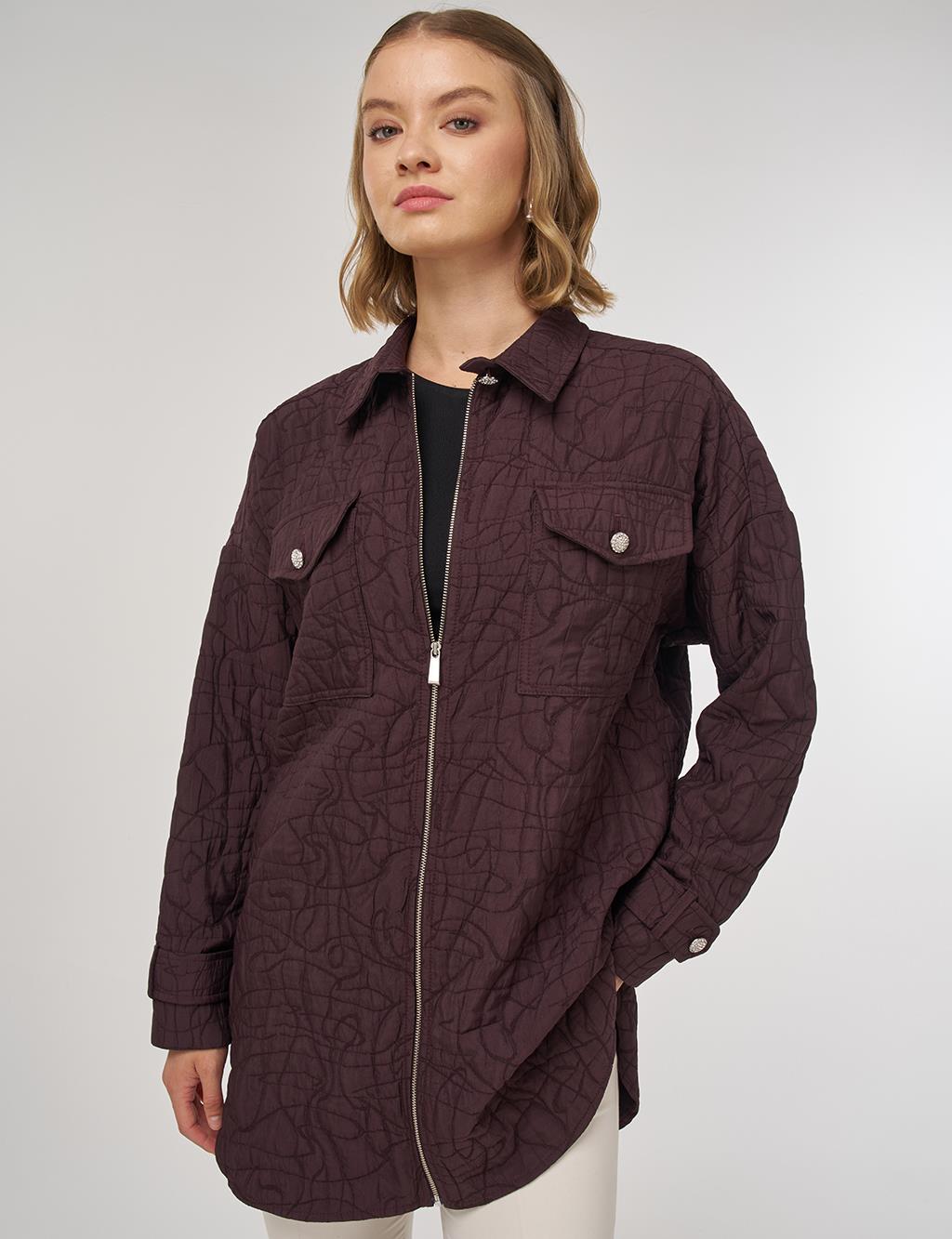 Kabartma Desen Gömlek Yaka Ceket Koyu Bordo