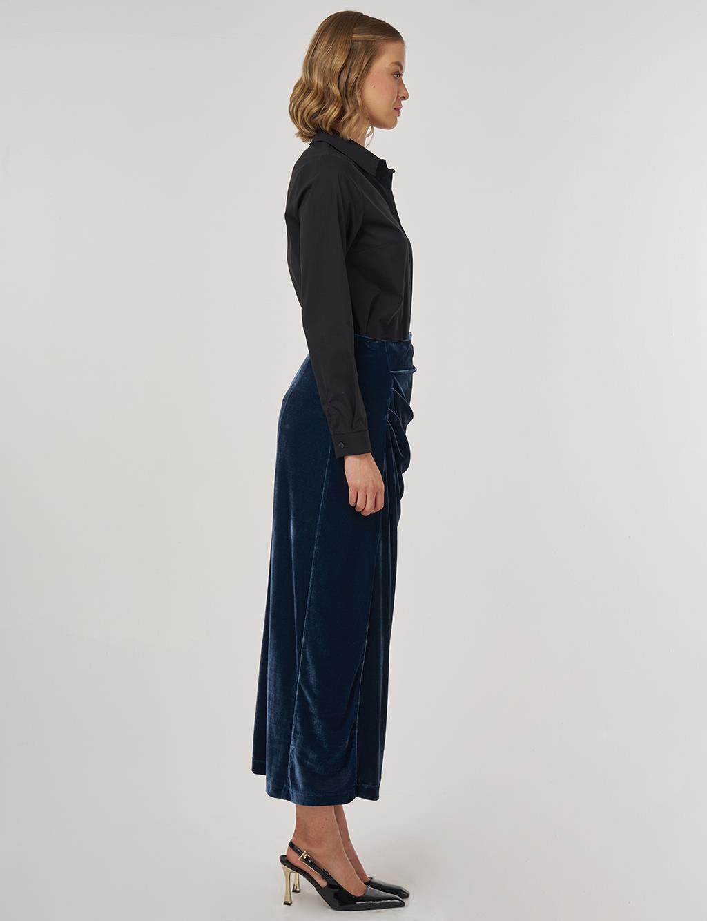 Drapeli Kadife Etek Petrol