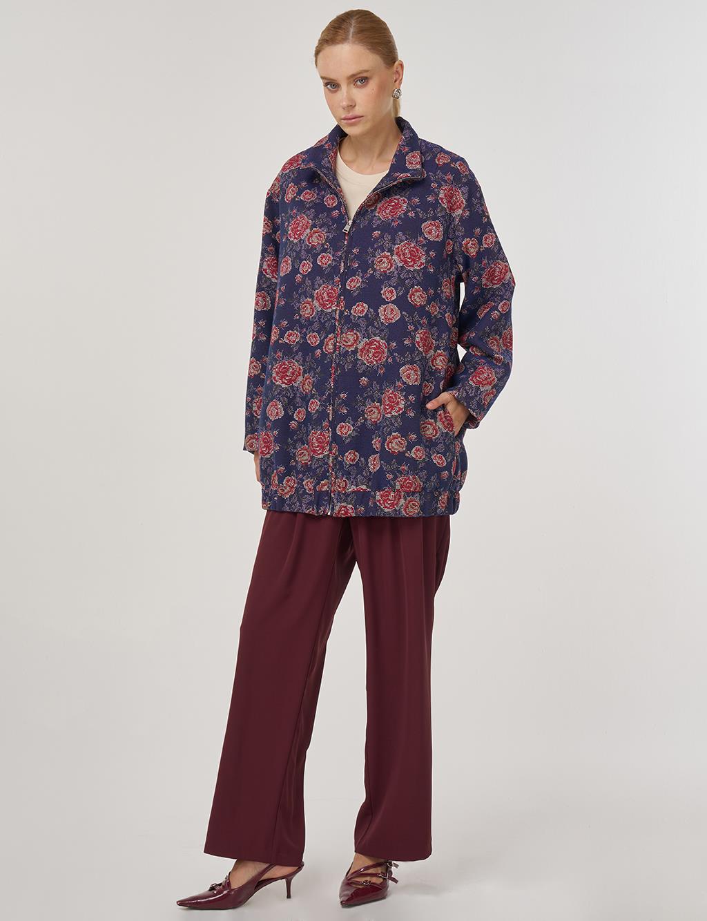 Desenli Dik Yaka Ceket Lacivert 