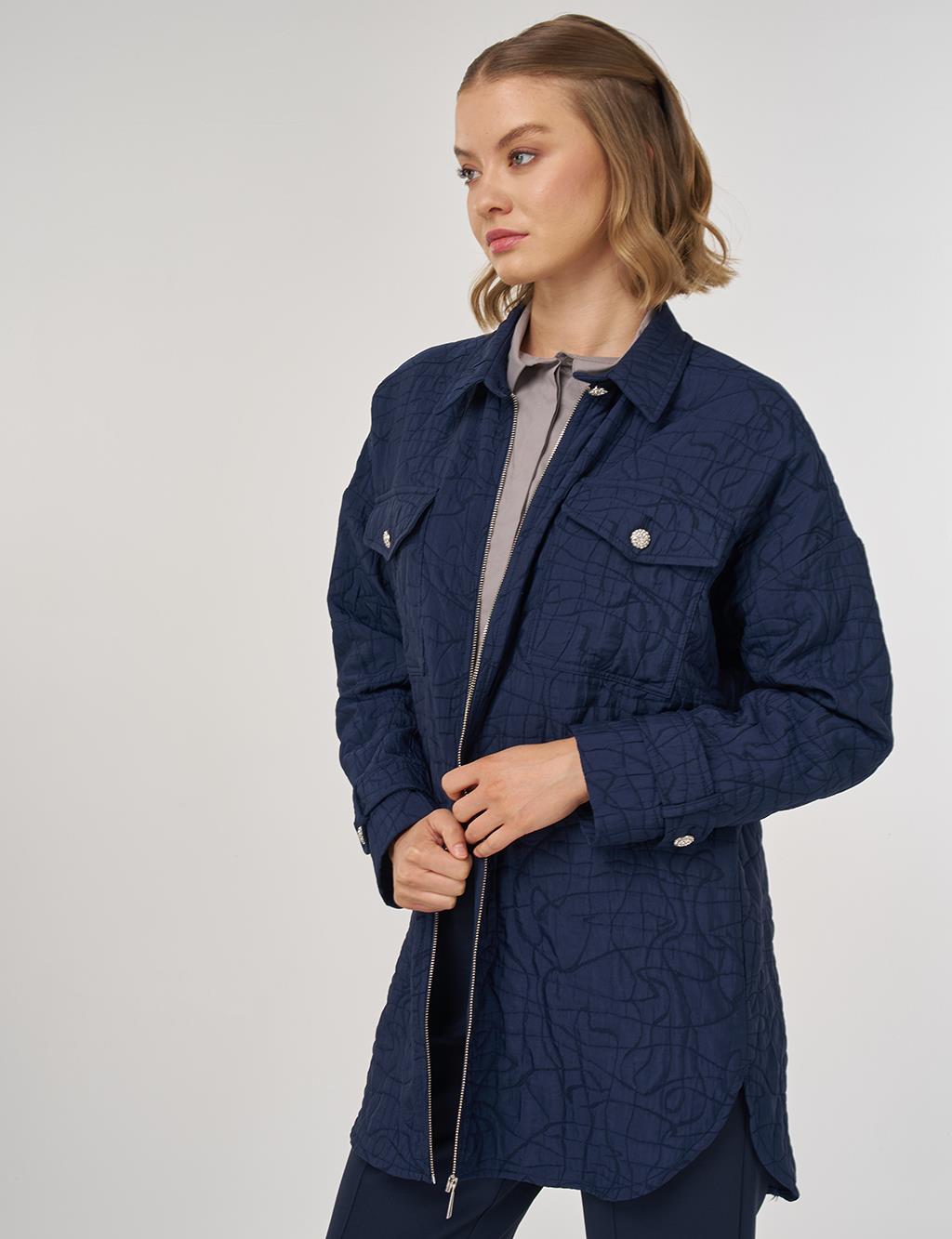 Kabartma Desen Gömlek Yaka Ceket Koyu Lacivert 