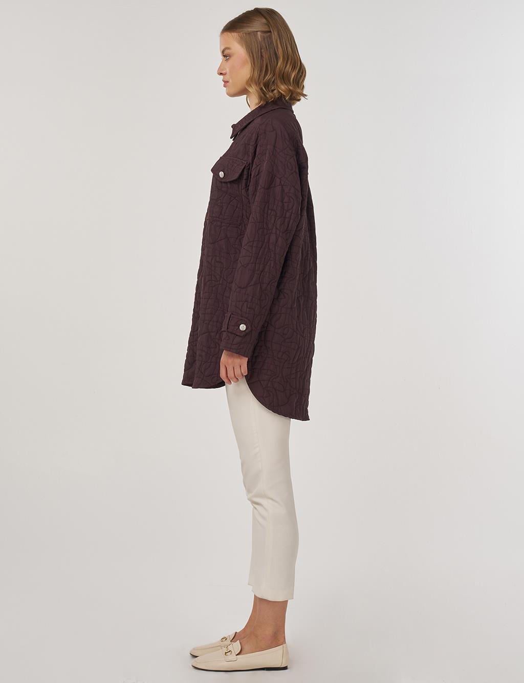 Kabartma Desen Gömlek Yaka Ceket Koyu Bordo