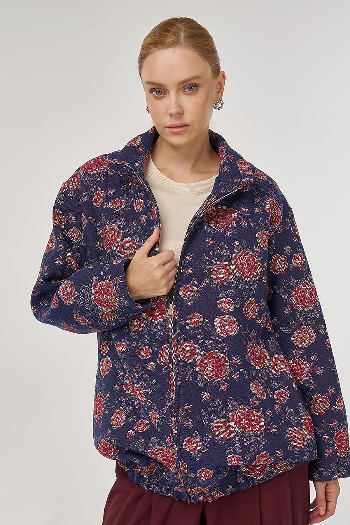 Patterned Stand Collar Jacket Navy