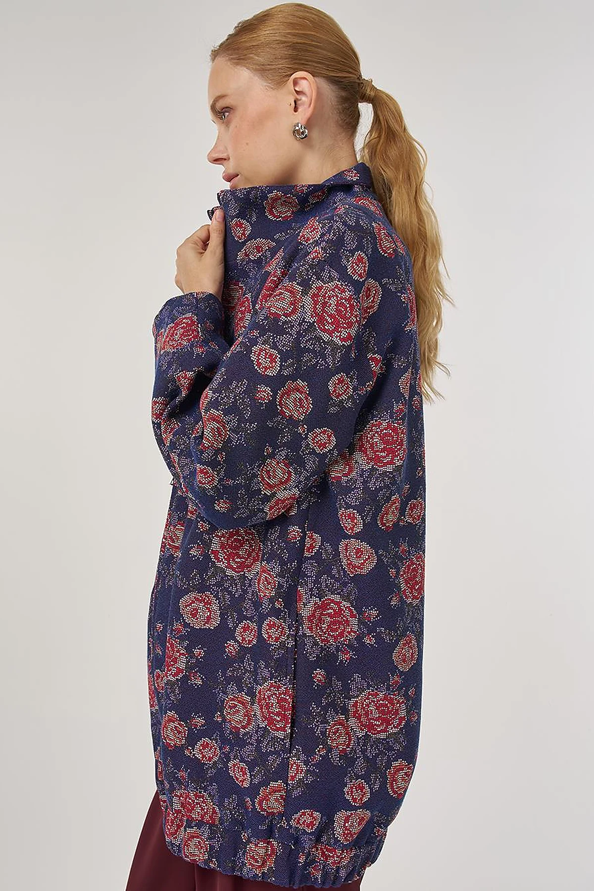Patterned Stand Collar Jacket Navy
