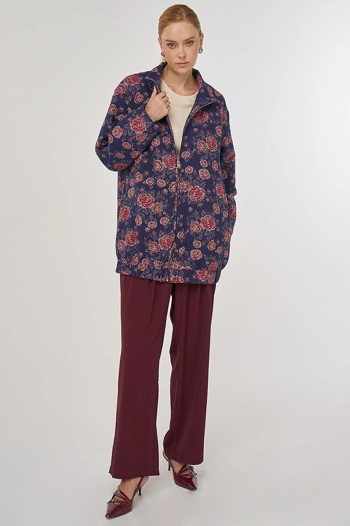 Patterned Stand Collar Jacket Navy