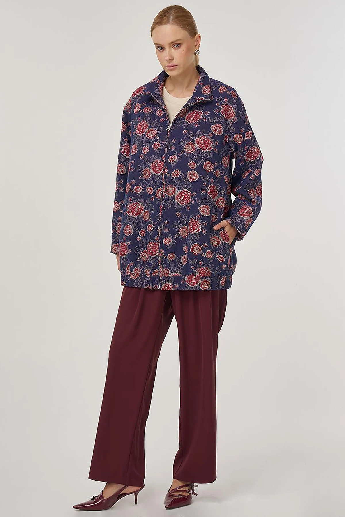 Patterned Stand Collar Jacket Navy