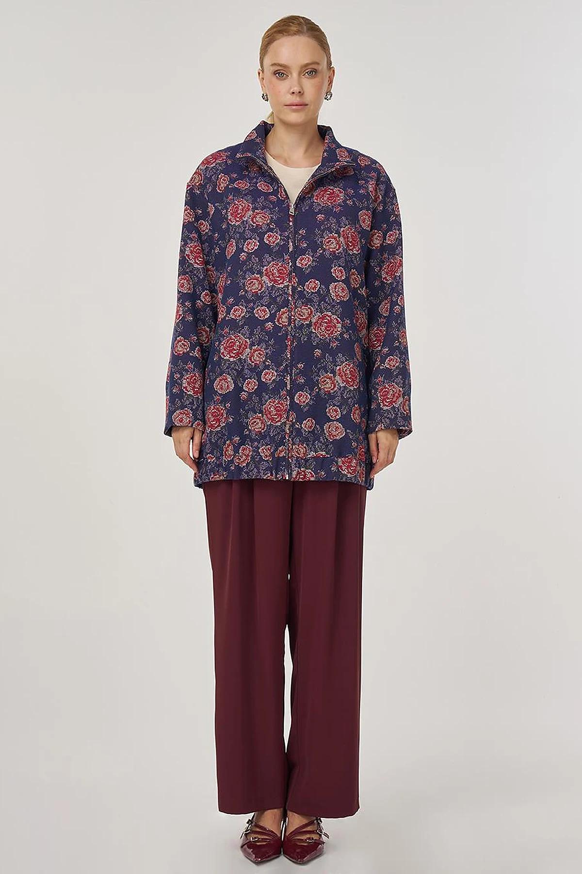 Patterned Stand Collar Jacket Navy