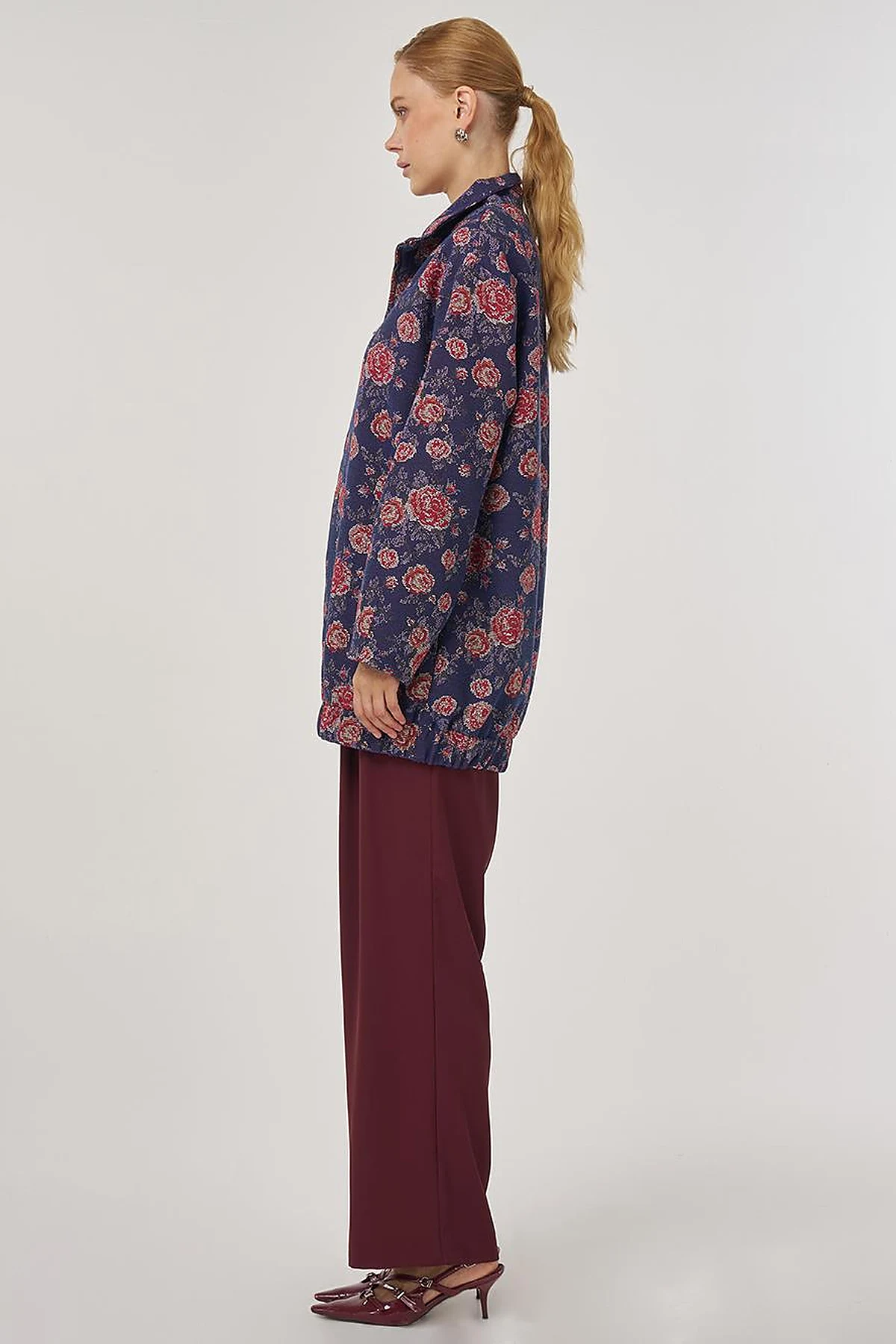 Patterned Stand Collar Jacket Navy